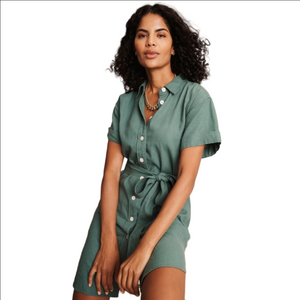 J Crew Factory Linen Blend Belted Mini Shirtdress CK845 Sz L Lamppost Green NWT